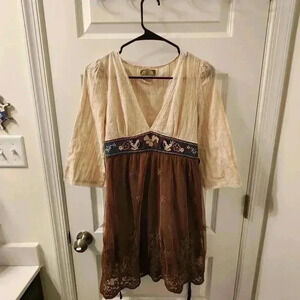 Flying Tomato Dress Beige/Brown Size M Long Sleeve Boho V Neck Lace
